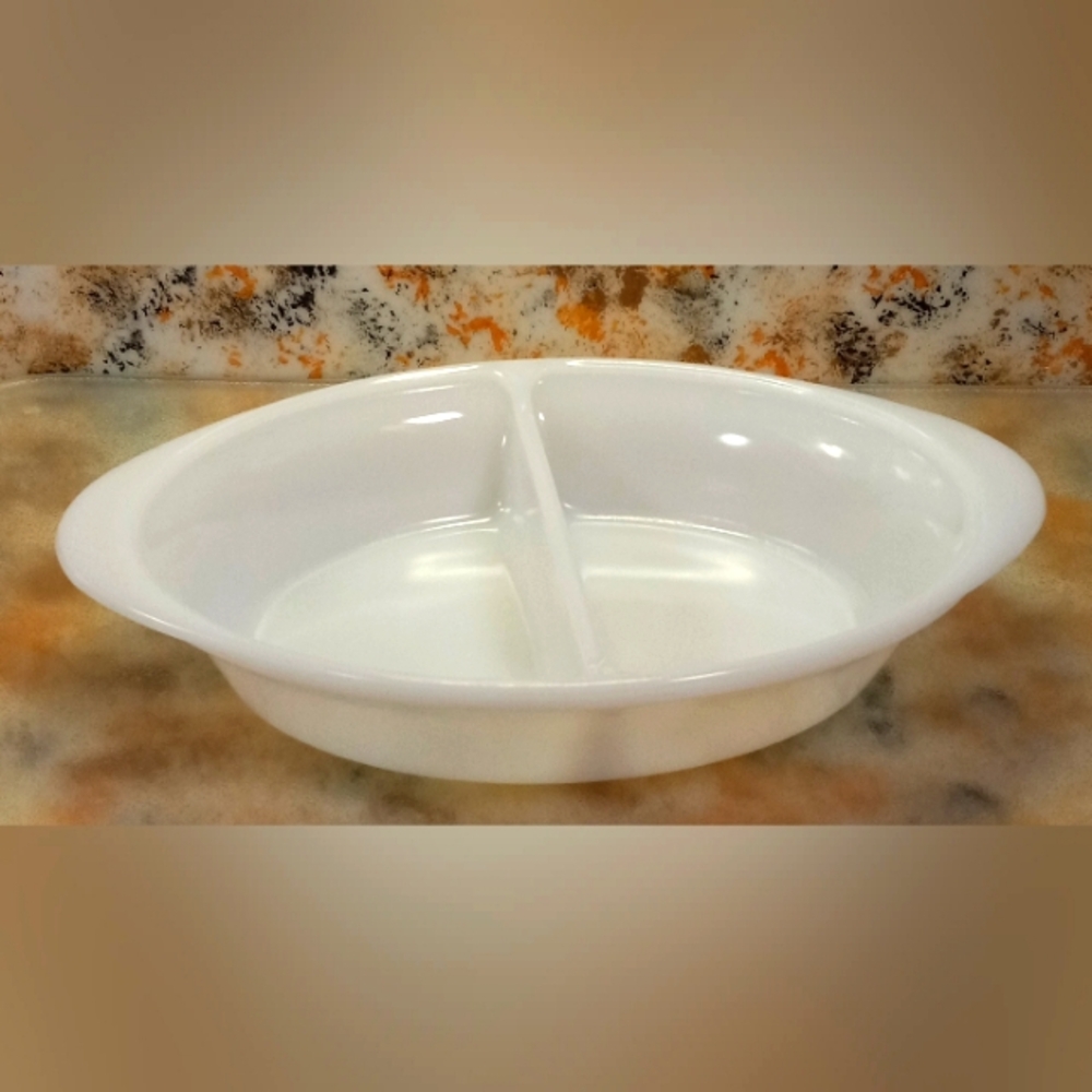 Vintage Glass Bake Oval White Milk Glass Divided Casserole Serving Dish